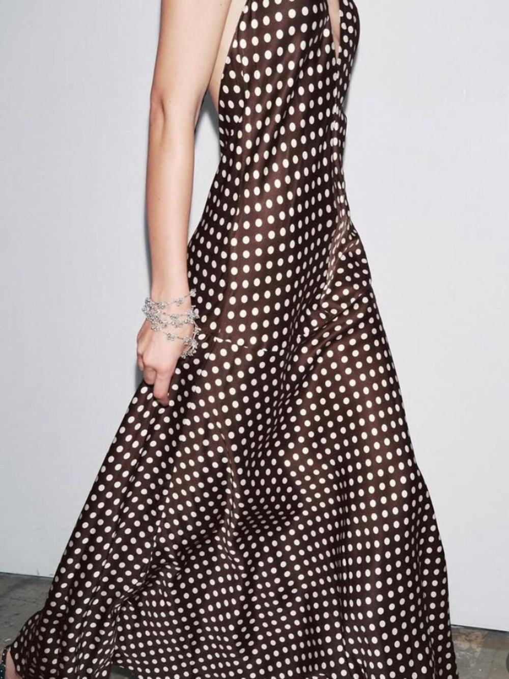 Zara Open Back Satin Effect Halter Polka Dot V-Neck Long Flare Dress Large NWT